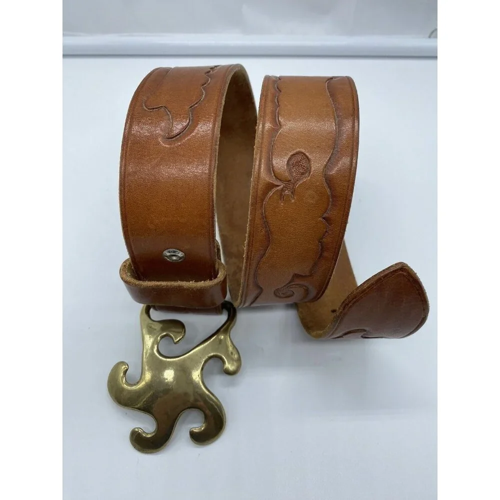 Brown Women's Embossed Belt Genuine Leather Size 26 Brass Buckle - Picture 15 of 16